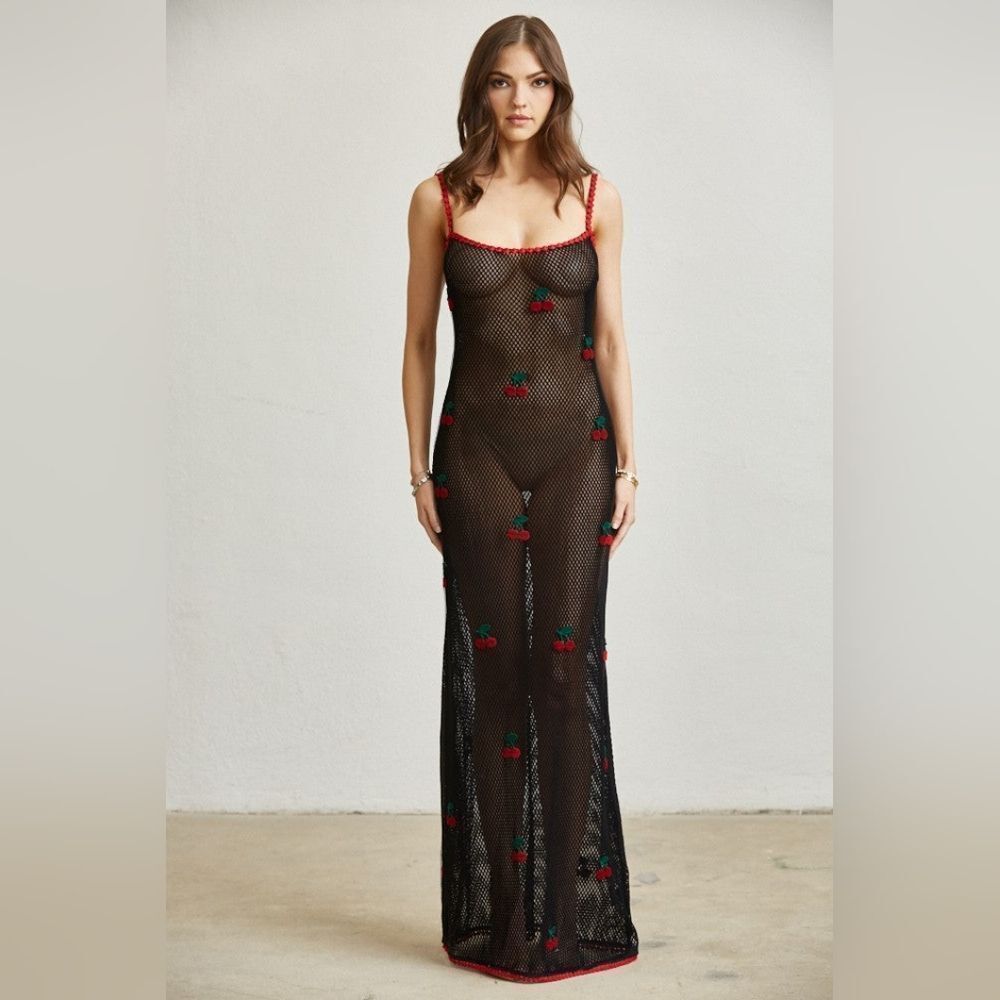 Cherry Open-Knit Maxi Dress/Lingerie/Swimwear Coverup- Black